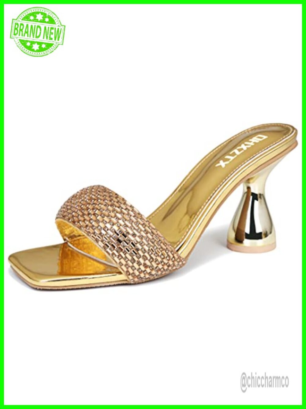 Women's Rhinestone Kitten Heel Mules Square Toe Slip On Sandals